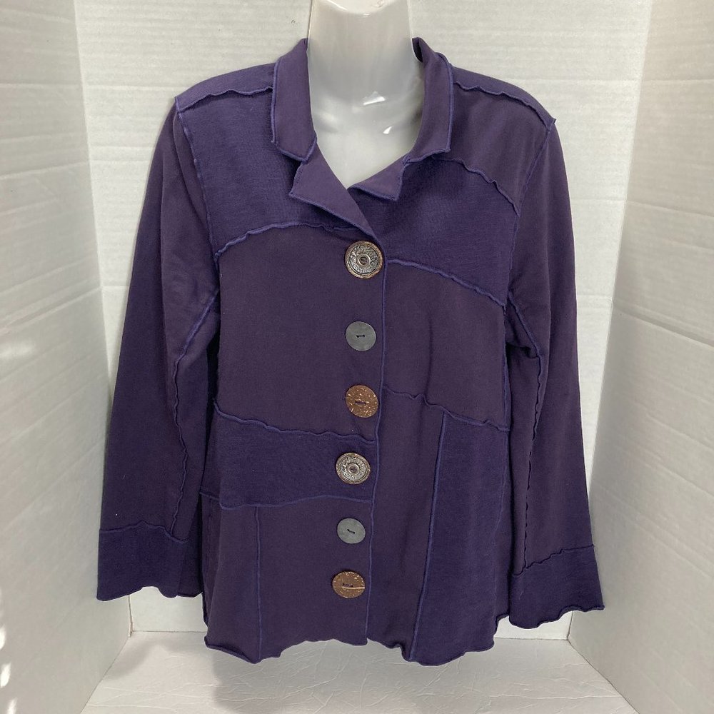 Soft Surroundings Button Front Jacket Top Raw Patchwork Purple Minimalist Size L